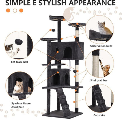 BestPet | 70" Cat Tree Tower | Dark Gray | Sturdy, Hanging Cat Toys, - Image 6