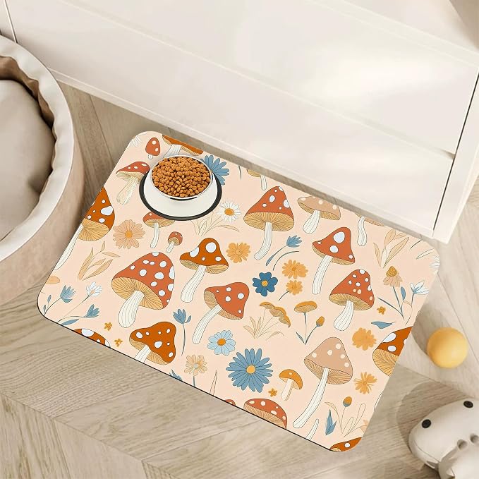 Cute Mushroom Flower Dog Cat Food Mat, Absorbent Pet Feeding Mat by Unknown