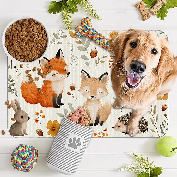 Fox Hedgehog Rabbit Forest Dog Cat Food Mat, Absorbent Pet Feeding Mat - Image 7