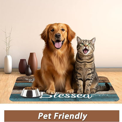 Thankful Grateful Blessed Dog Cat Food Mat, Vintage Wooden Absorbent Pet - Image 6