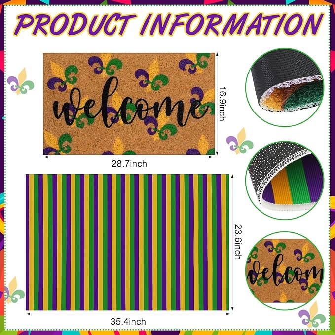 Tinideya 2 Pcs Mardi Gras Door Mat Carnival Welcome Non Slip Coir Mats Purple - Image 3