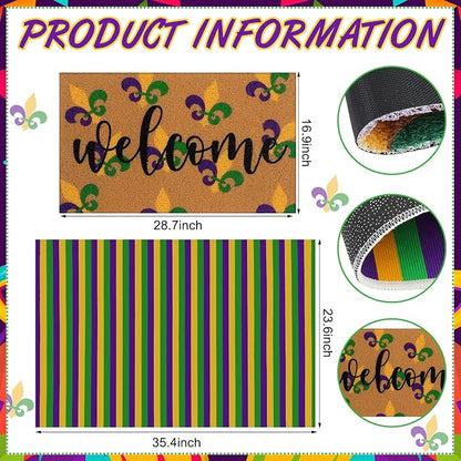 Tinideya 2 Pcs Mardi Gras Door Mat Carnival Welcome Non Slip Coir Mats Purple - Image 3