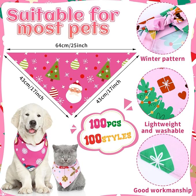 100 Pcs Christmas Dog Bandanas Bulk Pet Bibs Pink Triangle Scarf Pink Pet - Image 2