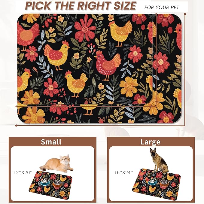 Chicken Rooster Hen Flower Meadow Dog Cat Food Mat, Absorbent Pet Feeding Mat - Image 2