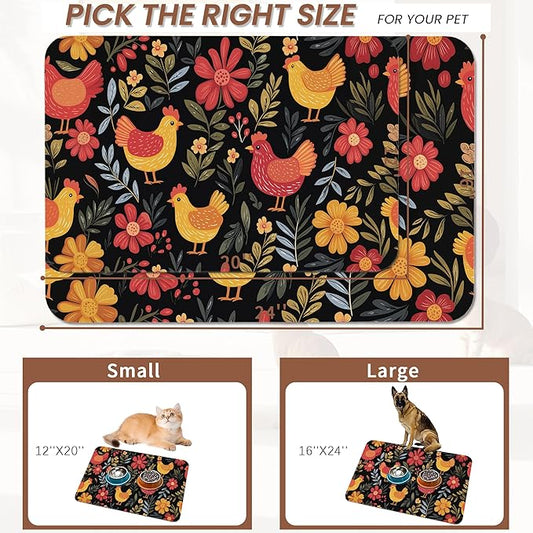 Chicken Rooster Hen Flower Meadow Dog Cat Food Mat, Absorbent Pet Feeding Mat - Image 2