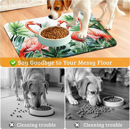Pink Flamingo Dog Food Mat, Plam Leaves Absorbent Pet Feeding Mat - Image 4