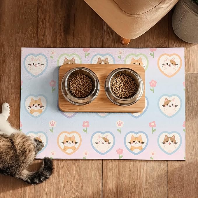 Cat Feedings Mats 20x12 inch Pastel Heart Kitten Print Pet Bowl Placemat Non - Image 5