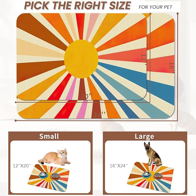 Retro 70s Rainbow Sunrise Swirl Dog Cat Food Mat, Absorbent Pet Feeding Mat - Image 2
