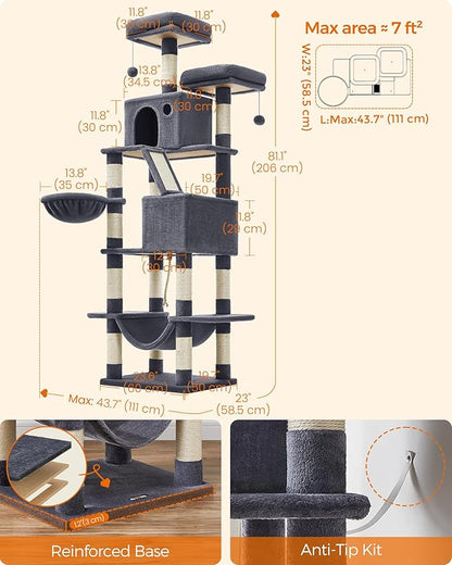 Feandrea Cat Tree, 81.1-Inch Large Cat Tower, 2 Perches, 2 Caves, Smoky Gray - Image 5