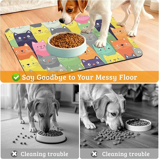 Cute Colorful Cats Dog Food Mat, Absorbent Pet Feeding Mat - Image 4
