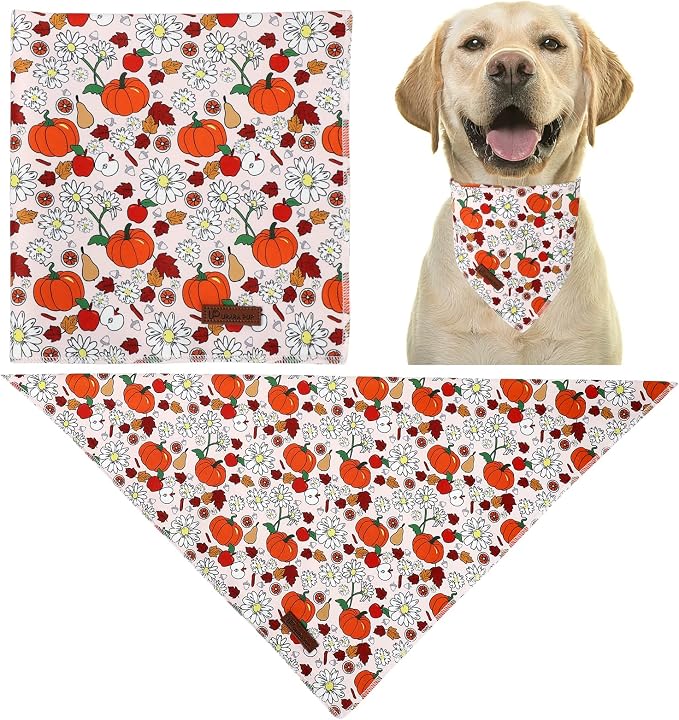 Fall Dog Bandana – Beige Pumpkin Floral Triangle Scarf - Image 4