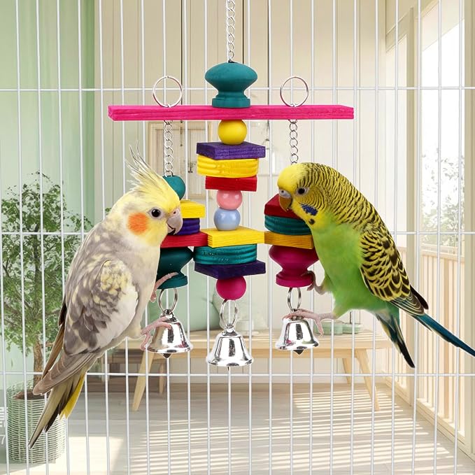 Hypeety Parrot Hanging Swing Bells Chew Toy Colorful Hanging Wood Block Natural - Image 4