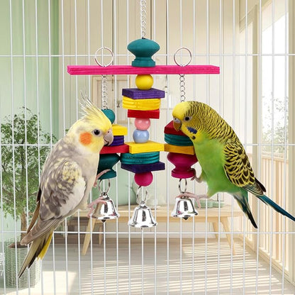 Hypeety Parrot Hanging Swing Bells Chew Toy Colorful Hanging Wood Block Natural - Image 4