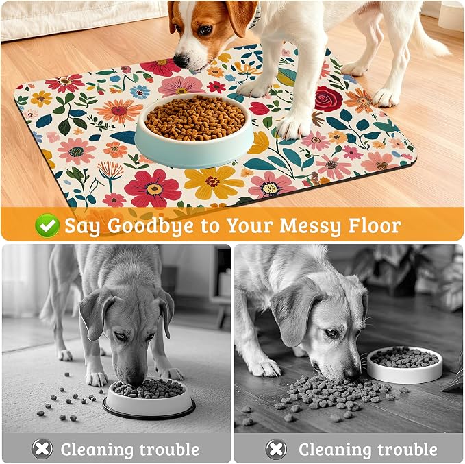 Colorful Flower Feeding Mat, Groovy Wildflowers Absorbent Quick-Dry Cat Dog - Image 4
