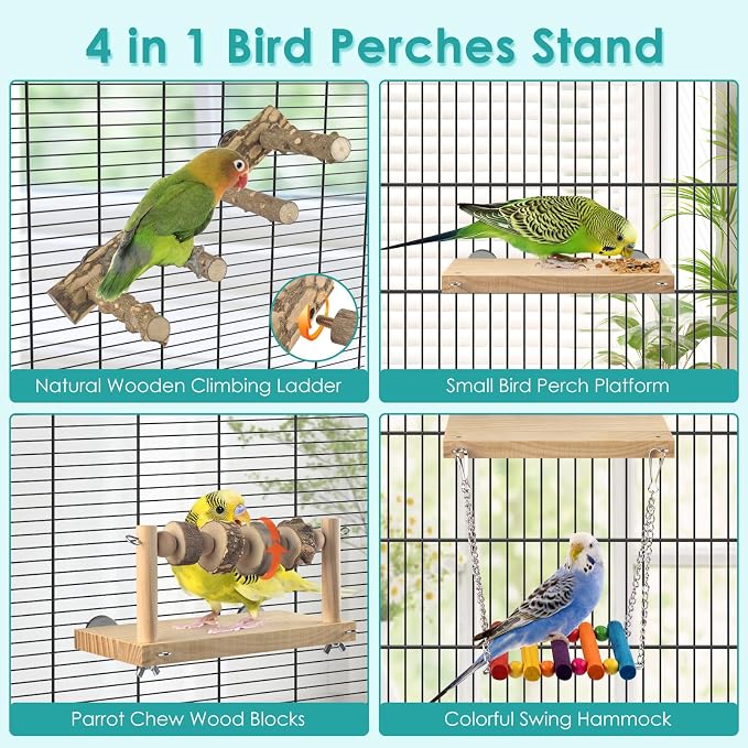 4 Pcs Bird Perch with Swing, Parrot Perches Platform with Chew Blocks, Natural - Image 3
