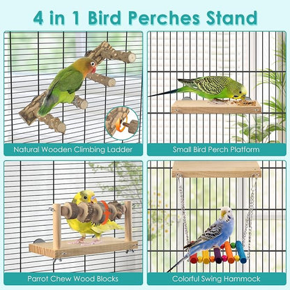 4 Pcs Bird Perch with Swing, Parrot Perches Platform with Chew Blocks, Natural - Image 3