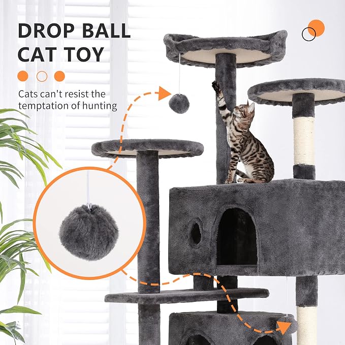 BestPet | 54" Cat Tree Tower | Light Gray | Sturdy, Hanging Cat Toys, - Image 3