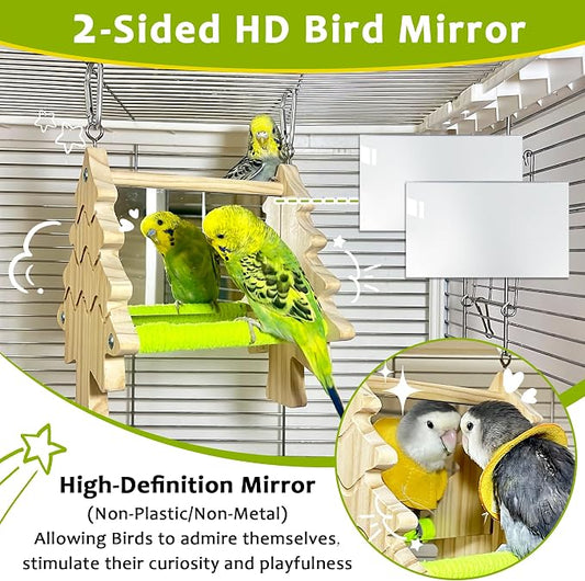 Bird Mirror Toy Perch, 2-Sided Hd Parakeet Mirrors & 2 Cotton-Wrapped Perches - Image 2