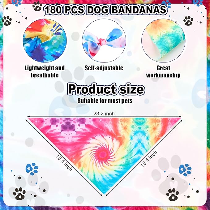 Aliceset 180 Pcs Tie Dye Dog Bandana Bulk Rainbow Bandanas - Image 2