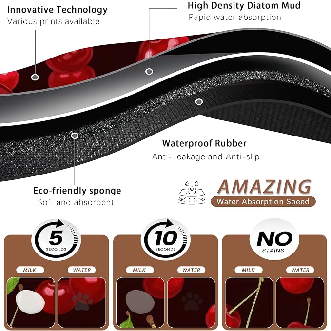 Red Cherry Pet Feeding Mat, Absorbent Quick-Dry Cat Dog Food and Water Bowl Mats - Image 3