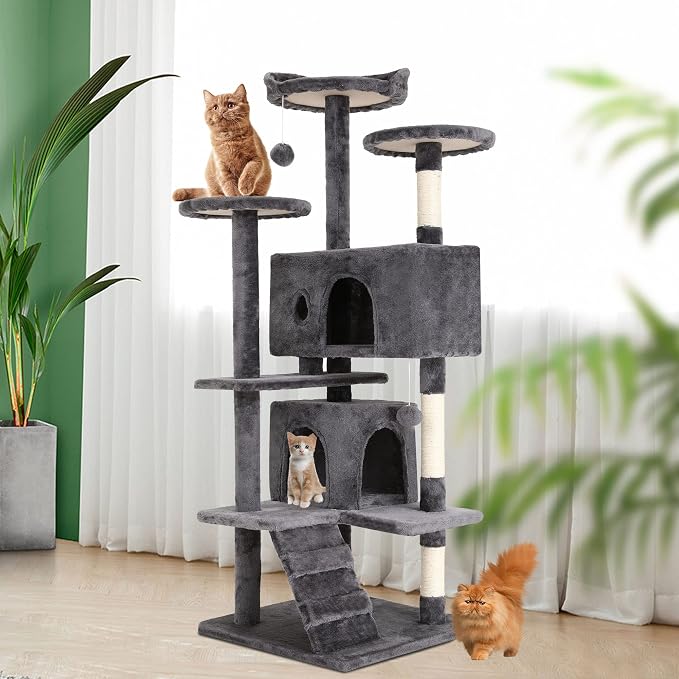BestPet | 54" Cat Tree Tower | Light Gray | Sturdy, Hanging Cat Toys, - Image 2
