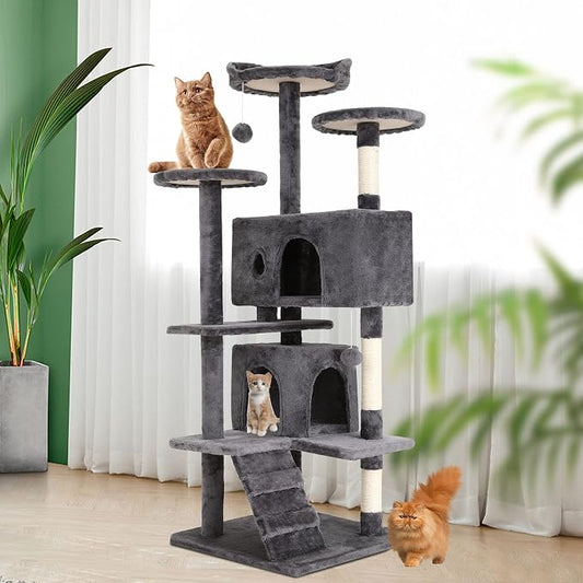 BestPet | 54" Cat Tree Tower | Light Gray | Sturdy, Hanging Cat Toys, - Image 2