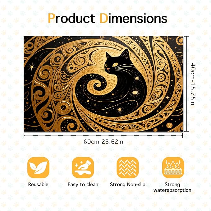 Cat Feeding Mat 24x16 inch Gold Black Artistic Cat Print Pet Bowl Placemat Non - Image 6