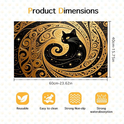 Cat Feeding Mat 24x16 inch Gold Black Artistic Cat Print Pet Bowl Placemat Non - Image 6