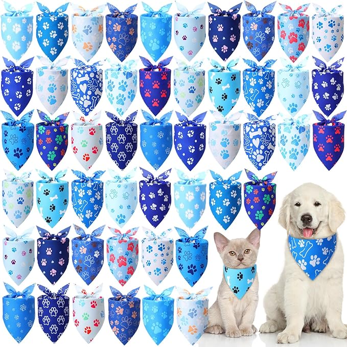 50 Pcs Blue Paw Print Dog Bandanas Bulk Animal Footprint Bandanas by Jeere