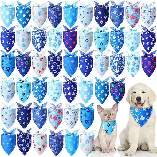 50 Pcs Blue Paw Print Dog Bandanas Bulk Animal Footprint Bandanas by Jeere