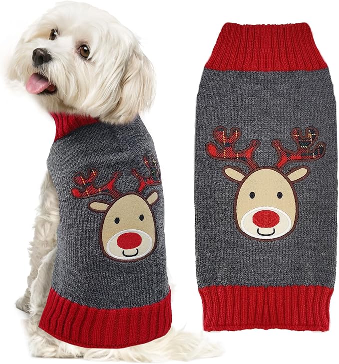 Dog Christmas Sweater Xmas Pet Clothes Cute Gray Reindeer Holiday Puppy Cat by DOGGYZSTYLE