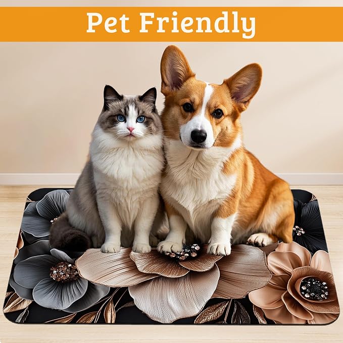 Black Brown Flower Feeding Mat, Artistic Absorbent Quick-Dry Cat Dog Food and - Image 2