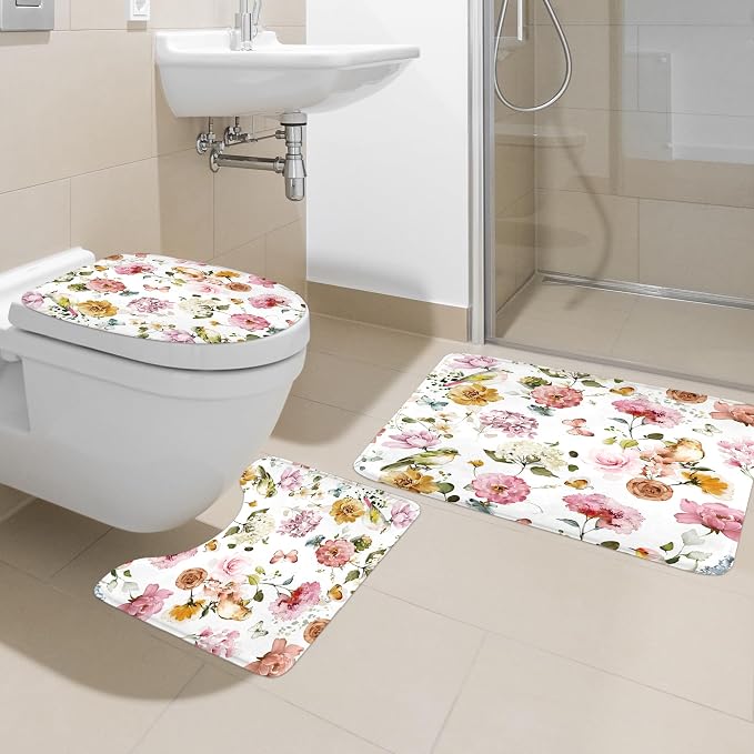 4 PCS Pink Floral Birds Bathroom Set - Image 2