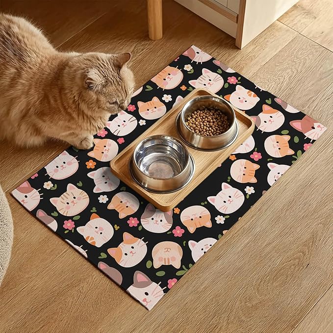 Cat Feeding Mat 24x16 inch Black Kitten Print Pet Bowl Placemat Non Slip Floor - Image 2