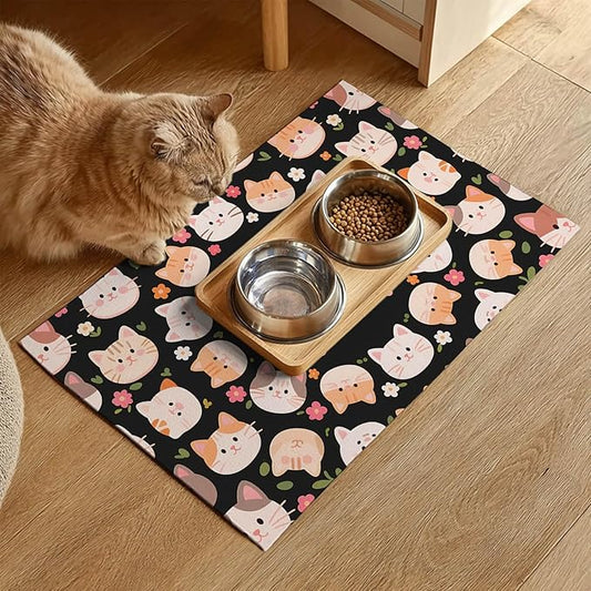 Cat Feeding Mat 24x16 inch Black Kitten Print Pet Bowl Placemat Non Slip Floor - Image 2