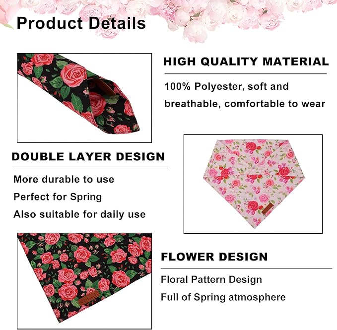 ADOGGYGO Floral Dog Bandana 2 Pack, Reversible Red Pink Rose Pet Scarf Bib - Image 5