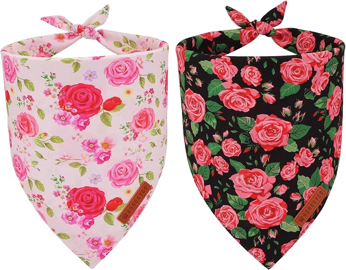 ADOGGYGO Floral Dog Bandana 2 Pack, Reversible Red Pink Rose Pet Scarf Bib by ADOGGYGO
