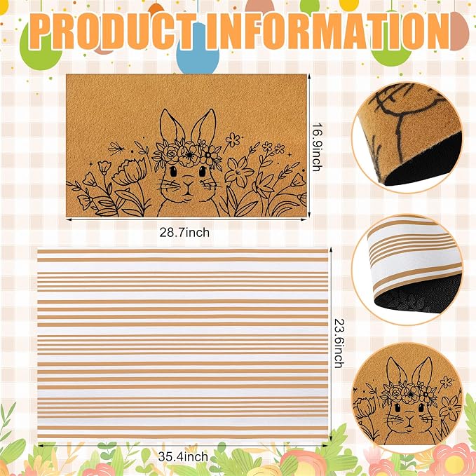 Tinideya 2 Pcs Easter Day Door Mat Welcome Outdoor Non Slip Coir Mats Flower - Image 2