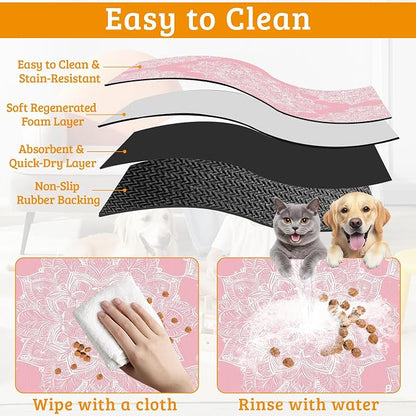 Pet Feeding Mat, Boho Mandala Absorbent Dog Cat Food Mat Pink Flower Dog Mat - Image 5