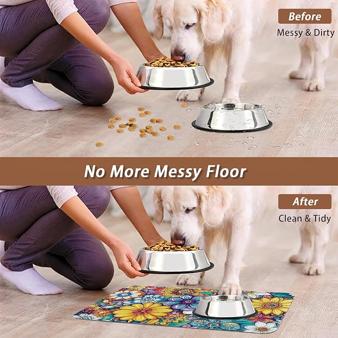 Floral Dog Food Mat for Floors, Cute Mandala Flower Absorbent Quick-Dry Pet - Image 5