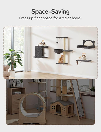 5-in-1 Cat Wall Shelves, Solid Wood & Velvet & Sisal Scratcher, 44lbs Max Load - Image 9