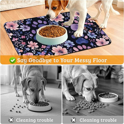 Paw Print Dog Food Mat, Watercolor Flower Absorbent Pet Feeding Mat - Image 4