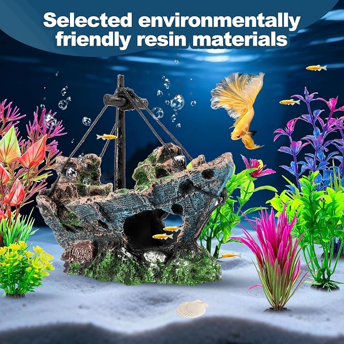 8Pcs Fish Tank Decorations Set Sunken Ship Decoration, Resin Material Fish Tank - Image 4
