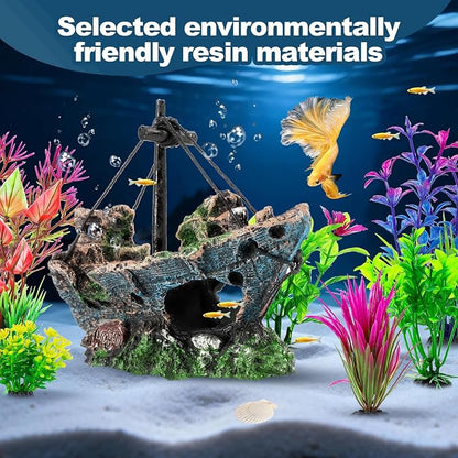 8Pcs Fish Tank Decorations Set Sunken Ship Decoration, Resin Material Fish Tank - Image 4
