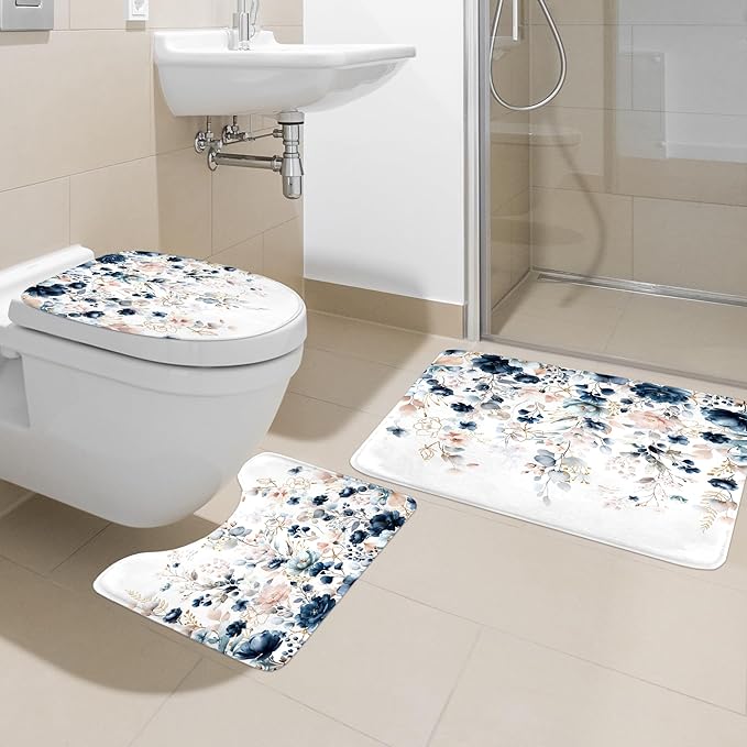 4 PCS Navy Blue Floral Flower Shower Curtain Set 72Wx72H Inch Watercolor Pastel - Image 2