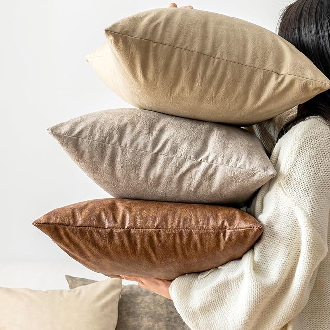 Pack of 4 Oversized Faux Leather Neutral Decorative Throw Pillow Covers 24x24 - Image 8
