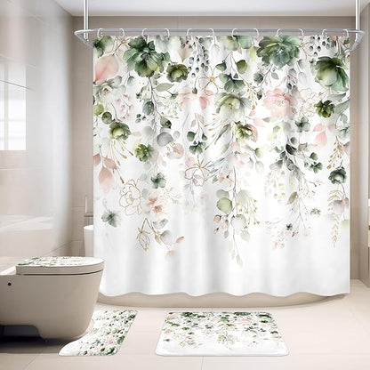 4 PCS Green Pink Floral Flower Shower Curtain Set 72Wx72H Inch Watercolor by Ufeela