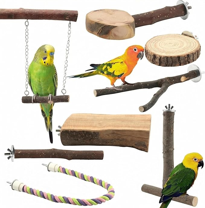 8PCS Natural Wood Bird Perches, Parrot Perch Stand & Chewing Toy by Unknown