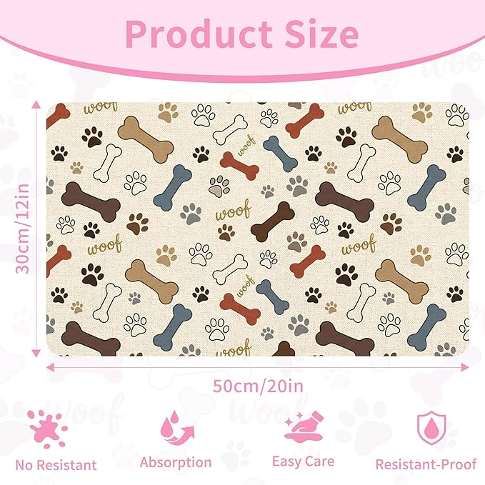 Dog Feeding Mat 20 x 12 Inch, Neutral Paw Bone Woof Dog Placemat Absorbent - Image 2