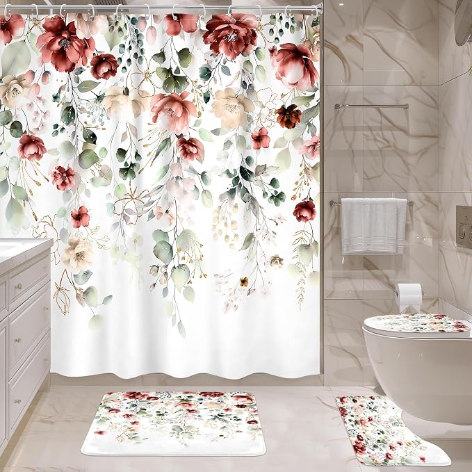 4 PCS Red Burgundy Floral Flower Shower Curtain Set 72Wx72H Inch Watercolor - Image 4